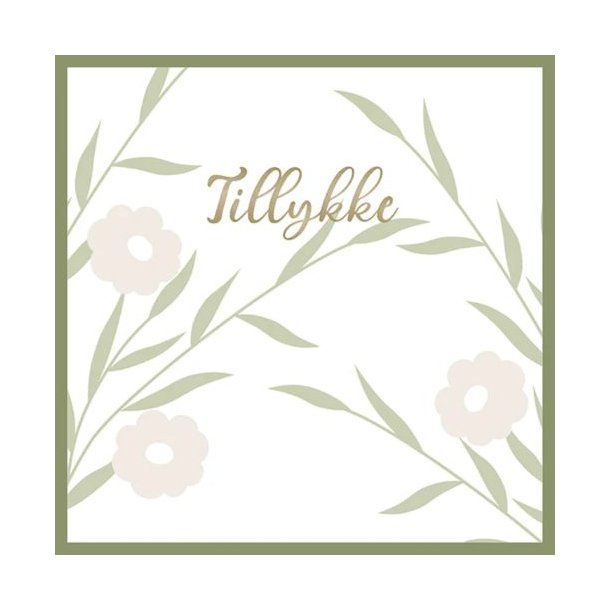 Forsiden af hvidt pop-up kort med teksten Tillykke i guldskrift dekoreret med elegante gr�nne grene og hvide blomster.