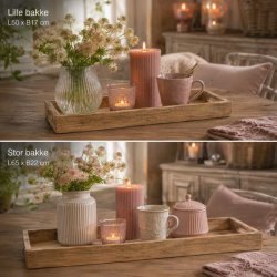 To tr�bakker med h�ndtag opstillet med henholdsvis blomster, lys og service i et lyst hjemmemilj�.