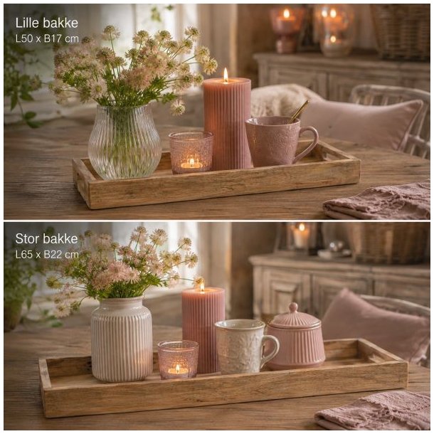 To tr�bakker med h�ndtag opstillet med henholdsvis blomster, lys og service i et lyst hjemmemilj�.
