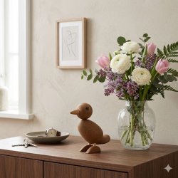 Alt-tekst: Et hyggeligt milj�billede i kvadratisk format (1:1) viser en m�rk tr�fuglfigur af m�rket La Vida, der st�r p� en teaktr�ssk�nk. Ved siden af fuglen st�r en klar krakeleret glasvase med en smuk buket friske for�rsblomster i lilla og hvide nuancer, herunder ranunkler og syrener. I baggrunden ses en lys v�g med et minimalistisk indrammet kunstprint, alt oplyst af bl�dt, naturligt dagslys.