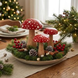 En hyggelig juledekoration i et rustikt keramikfad p� et d�kket m�rkt egetr�sbord. Fadet er fyldt med friske gran- og fyrregrene, r�de b�rklaser, kanelst�nger og sm� jingle bells. De tre h�ndlavede fluesvampe i tr� (fra image_80.png, image_81.png, og image_82.png) er smukt placeret i midten. I den roligt sl�rede baggrund anes varme lys fra et juletr� og et klassisk d�kket bord, hvilket skaber en hyggelig julestemning. Billedet er kvadratisk (1:1).