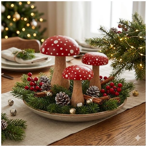 En hyggelig juledekoration i et rustikt keramikfad p� et d�kket m�rkt egetr�sbord. Fadet er fyldt med friske gran- og fyrregrene, r�de b�rklaser, kanelst�nger og sm� jingle bells. De tre h�ndlavede fluesvampe i tr� (fra image_80.png, image_81.png, og image_82.png) er smukt placeret i midten. I den roligt sl�rede baggrund anes varme lys fra et juletr� og et klassisk d�kket bord, hvilket skaber en hyggelig julestemning. Billedet er kvadratisk (1:1).