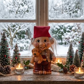 En hyggelig juleopstilling i en vindueskarm med troldedrengen Terkel i centrum, som holder en lille brun hund. Trolden har en r�d nissehue, gr�t h�r og er kl�dt i r�dbrune og gr� tekstiler. Den st�r placeret p� et rustikt tr�bord omgivet af juledekorationer med sm� juletr�er med sne, grankogler og t�ndte levende lys. I baggrunden ses et sprossevindue med udsigt til en vinterkl�dt, snefyldt have.