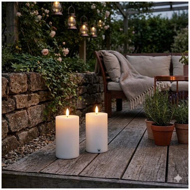 Et stemningsfuldt milj�billede, der viser to t�ndte udend�rs LED bloklys p� en vejrbit tr�terrasse i skumringen, med en stenmur og en hyggelig loungeplads i baggrunden.