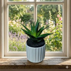En kunstig aloe vera-plante i en hvid, rillet urtepotte st�r p� en rustik vindueskarm af tr�. Naturligt sollys str�mmer ind gennem vinduet og oplyser plantens gr�nne blade.