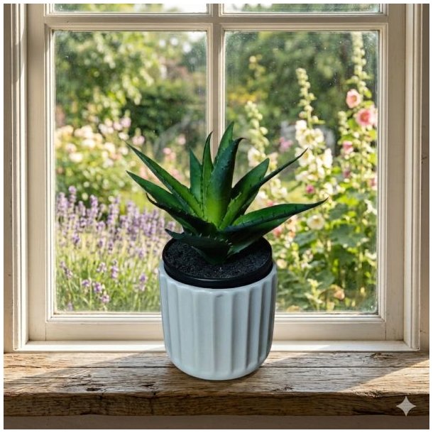 En kunstig aloe vera-plante i en hvid, rillet urtepotte st�r p� en rustik vindueskarm af tr�. Naturligt sollys str�mmer ind gennem vinduet og oplyser plantens gr�nne blade.