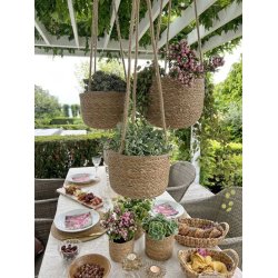 Tre h�ngende urtepotteskjulere i s�gr�s med blomstrende planter oph�ngt ved et d�kket havebord p� en terrasse.