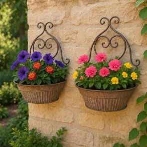 vaegheangte-blomsterskjulere-miljoe-have.jpg To v�gh�ngte blomsterskjulere i antik stil med farverige petunier monteret p� en lys stenmur udend�rs.