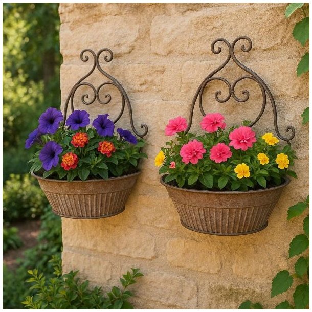 vaegheangte-blomsterskjulere-miljoe-have.jpg To v�gh�ngte blomsterskjulere i antik stil med farverige petunier monteret p� en lys stenmur udend�rs.