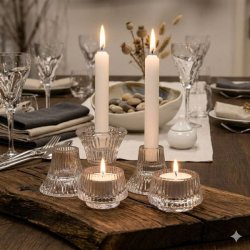 Middagsbord d�kket med klare rillede krystalglasstager vendt til b�de kronelys og fyrfadslys p� et tr�br�t.