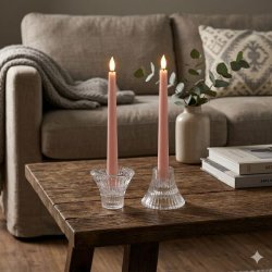 To vendbare lysestager i klart krystalglas med rosa kronelys opstillet p� et m�rkt tr�sofabord foran en sofa.