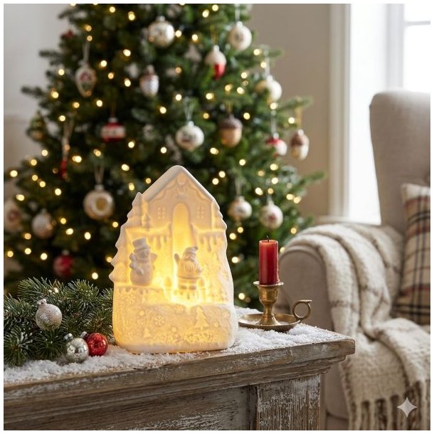 Det m�nstrede hvide ceramic-vinterhus med t�ndte LED-lys (fra produktbilledet) st�r som centerpiece i et julemilj� p� en sne-d�kket kaminhylde med granris og en brass-lysestage. I baggrunden ses et juletr� med lys.