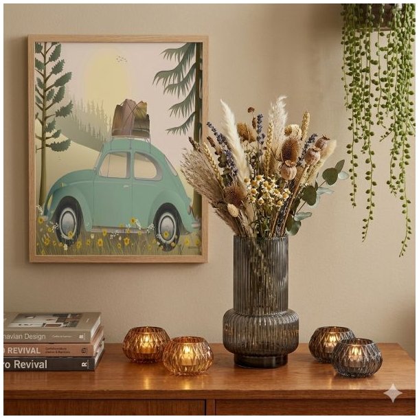 Et kvadratisk 1:1 milj�billede i varm, retro stil, hvor en indrammet Vissevasse plakat i st�rrelsen 30x40 cm h�nger flot og lige p� en beige v�g. Plakaten har motiv af en klassisk, lysegr�n folkevogn bobbel med oppakning p� taget, parkeret i en skovbund med gule blomster under en gylden sol. Under plakaten ses en teaksk�nk pyntet med en r�gfarvet vase med t�rrede blomster og t�ndte glasholdere.