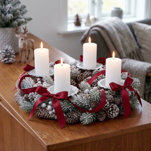 Minderigt milj�billede af en frostkl�dt adventskrans p� en tr�sk�nk med 4 zink lysholdere p� spyd, t�ndte hvide bloklys og dekorative m�rker�de sl�jfer.