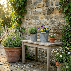 To sm�, rustikke zinkspande med tr�h�ndtag st�r p� en patineret tr�b�nk p� en solrig terrasse. Spandene er plantet med friske krydderurter og farverige stedmoderblomster, omgivet af lerkrukker med lavendel og margueritter mod en r� stenmur med klatreplanter.