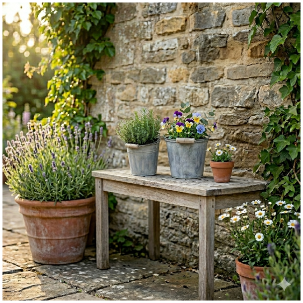 To sm�, rustikke zinkspande med tr�h�ndtag st�r p� en patineret tr�b�nk p� en solrig terrasse. Spandene er plantet med friske krydderurter og farverige stedmoderblomster, omgivet af lerkrukker med lavendel og margueritter mod en r� stenmur med klatreplanter.