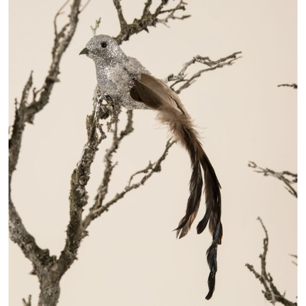 Deko slv glitter fugl med natur fjer hale og clips str. L24 cm