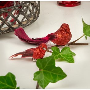 Deko fugl m. clips - rd glimmer og bordeux fjerhale