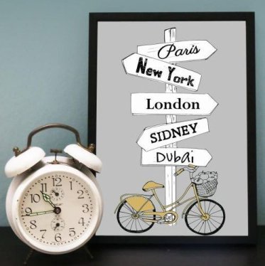 Mouse and Pen plakat med bynavne som Paris, New York og London indrammet i sort Hoei ramme ved siden af et hvidt retro v�kkeur.