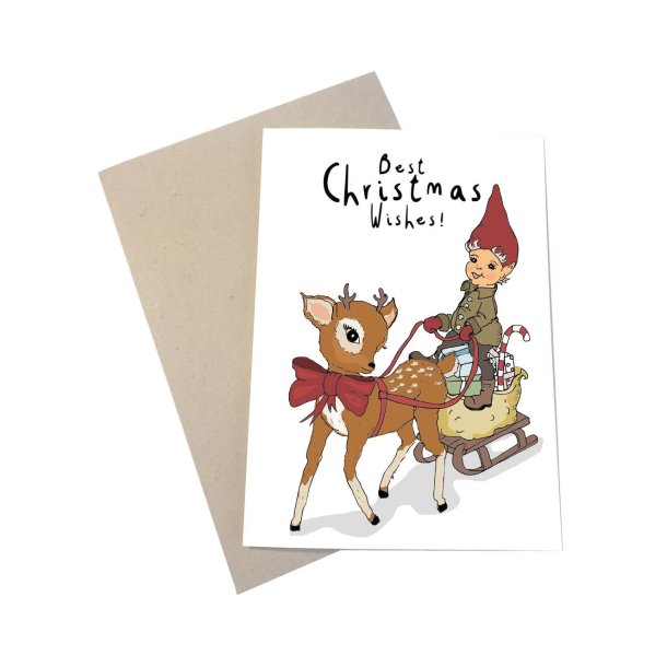Julekort - Lille bambi og lille nisse i kane