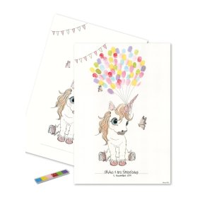 Plakat- Enhjrning til fingerprint m/regnbuefarvet balloner