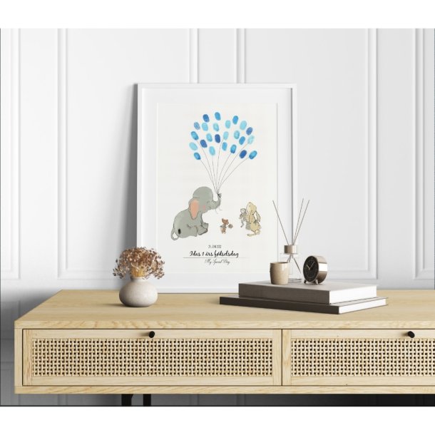 Plakat -fingerprint - elefant og bl ballon - brnefdselsdage