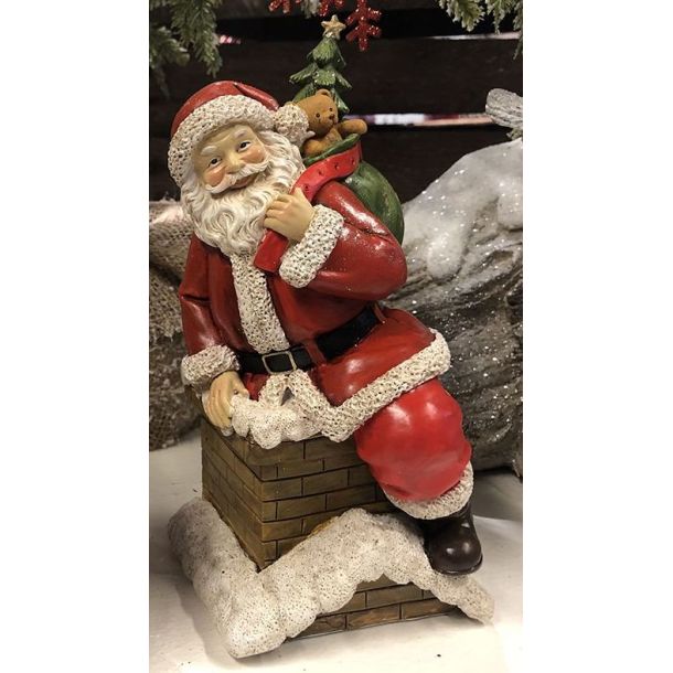 Julemand p skorsten m/gaver i rd/hvid