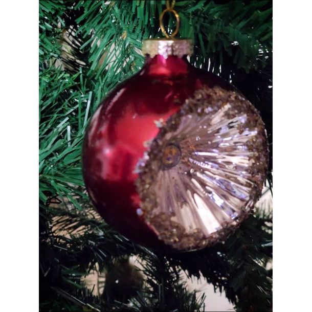 Julekugle r�d med glimmer halvrund