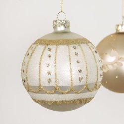 Julekugle, mat hvid med guld glimmer str. D8 cm