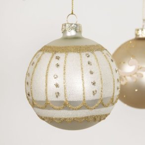 Julekugle, mat hvid med guld glimmer str. D8 cm