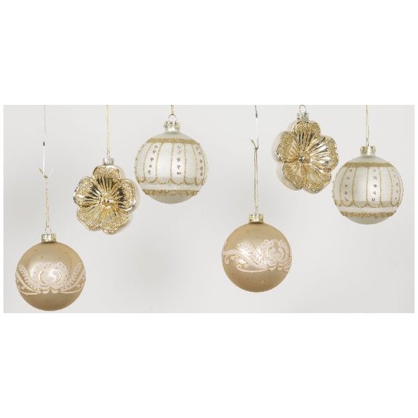 Julekugle, mat hvid med guld glimmer str. D8 cm