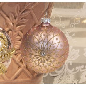 Julekugle, mat rosa med guld og slv glimmer str. D8 cm