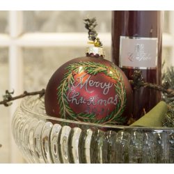 Julekugle, mat bordeaux med "Merry Christmas 2021" str. D8 cm