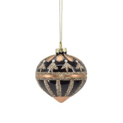 Julekugle, blank sort med juletr border i guld glimmer str. D8 cm