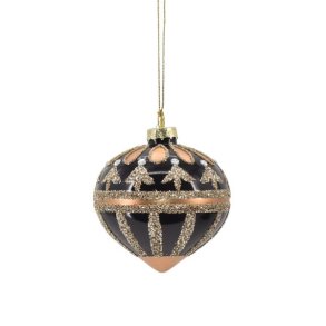 Julekugle, blank sort med juletr border i guld glimmer str. D8 cm