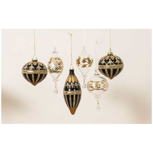 Julekugle, blank sort, drbeformet med guld glimmer