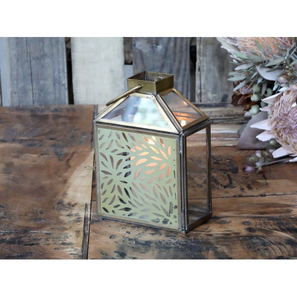 Lanterne m. messing blomster dekor, str H17/L12/B6,5 cm