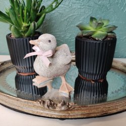 �llingefigur med et lyser�dt b�nd om halsen, st�ende p� en dekorativ spejlplade med to sm� sukkulenter i sorte krukker.