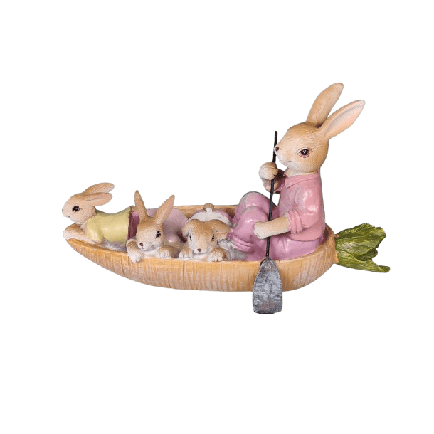 Fritlagt billede af en sejlende gulerod med en hare og hendes unger i fine farver p� 18 cm.